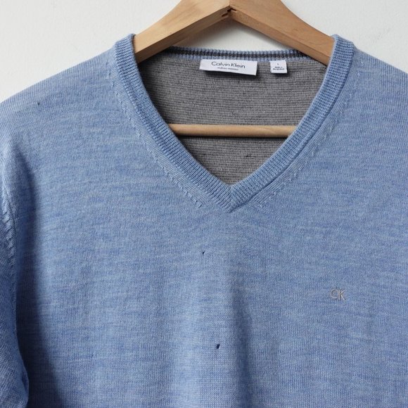 Calvin Klein Sweater Mens Large Blue Wool V Neck Pullover Casual Italian Merino - Picture 5 of 13